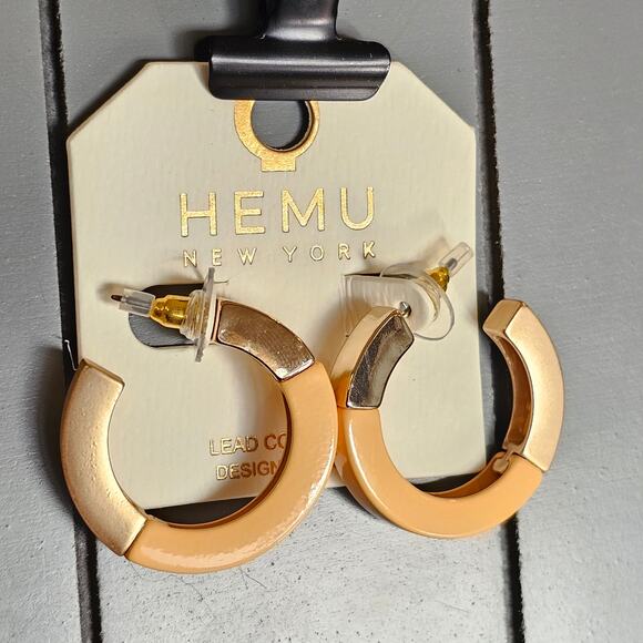 Hoop Earrings Yellow, Gold Tone Chunky Acrylic 1.19" HEMU New York w/ Gift Bag - Picture 5 of 8